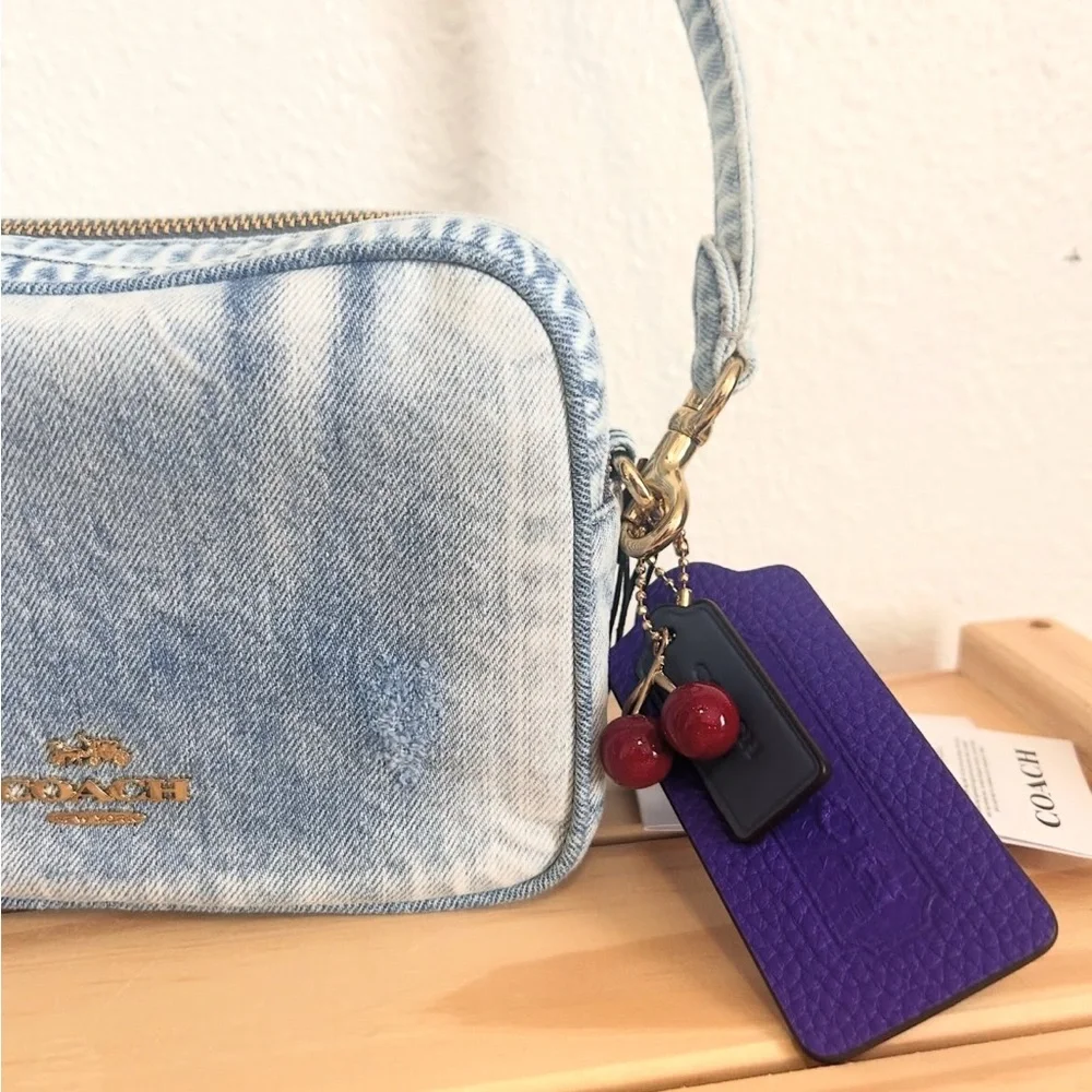 NWT🍒Coach Mini Carey Crossbody Bag In Loved Denim With Cherry Charms CEK75 Rare - Picture 2 of 8